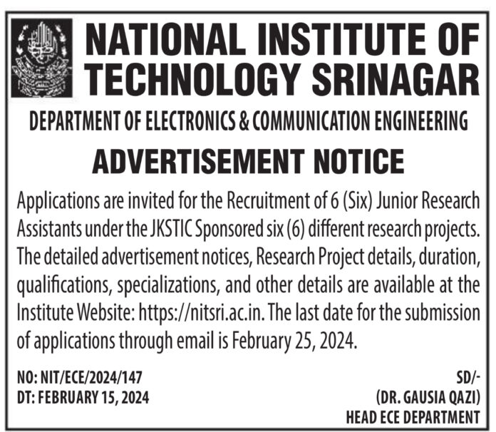 NATIONAL INSTITUTE OF TECHNOLOGY SRINAGAR ADVERTISEMENT NOTICE 2024