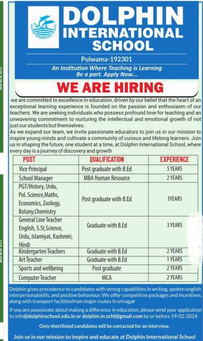 DOLPHIN INTERNATIONAL SCHOOL PULWAMA JOB ADVERTISEMENT 2024