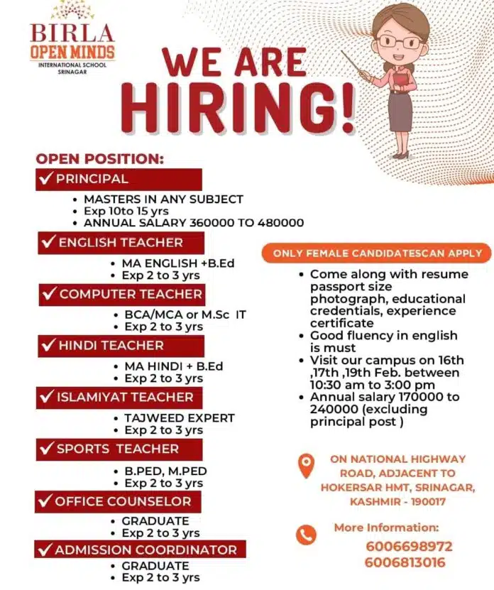 BIRLA OPEN MINDS INTERNATIONAL SCHOOL SRINAGAR JOB VACANCIES 2024