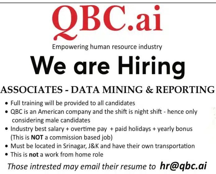 QBC AI SRINAGAR JOB ADVERTISEMENT 2024