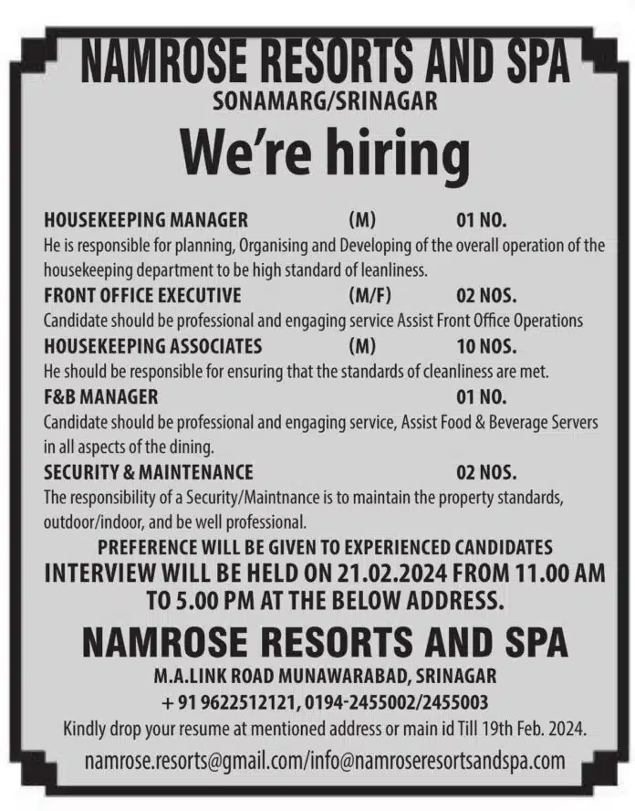 NAMROSE RESORTS AND SPA SONAMARG/SRINAGAR JOB VACANCIES 2024