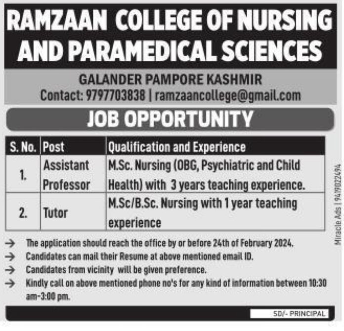 RAMZAAN COLLEGE OF NURSING AND PARAMEDICAL SCIENCES PAMPORE JOB VACANCIES 2024