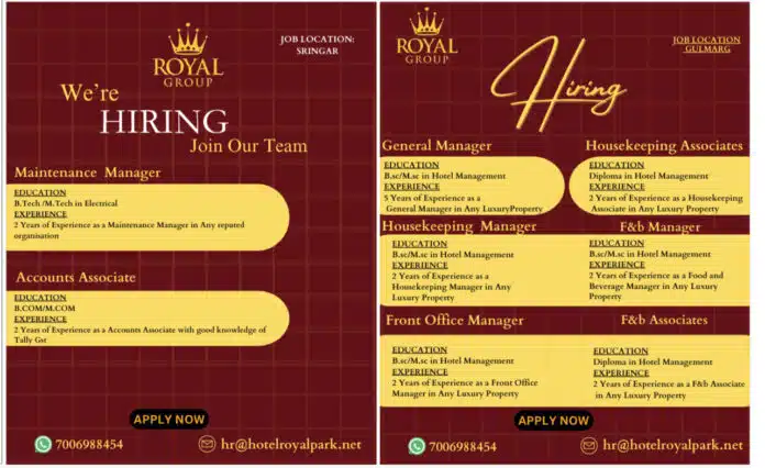 ROYAL GROUP SRINAGAR JOB ADVERTISEMENT 2024