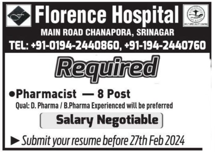 Florence Hospital Srinagar Pharmacist Jobs 2024