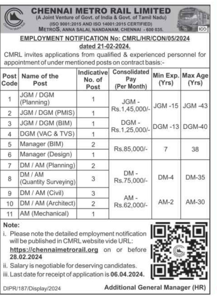 CHENNAI METRO RAIL LIMITED JOB ADVERTISEMENT 2024