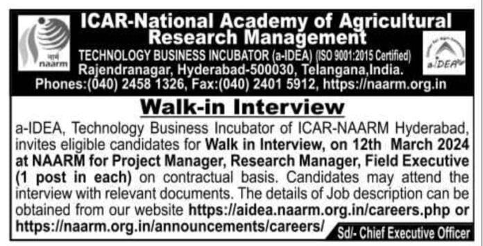 ICAR-National Academy of Agricultural Telangana Job Vacancies 2024