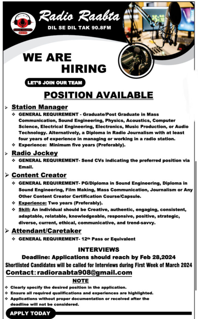 Radio Raabta Kashmir Job Advertisement 2024