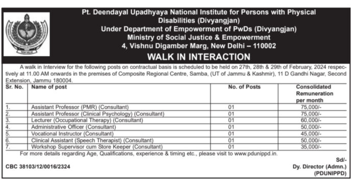 Pt. Deendayal Upadhyaya National Institute for Persons with Physical Disabilities (Divyangjan) Job Vacancies 2024