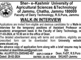 Sher-e-Kashmir University of Agricultural Sciences &Technology of Jammu Walk In Interview For Post of Assistant Professor 2024