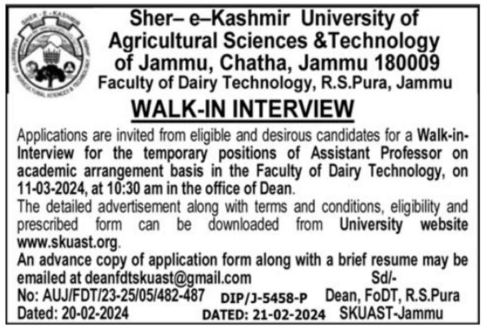 Sher-e-Kashmir University of Agricultural Sciences &Technology of Jammu Walk In Interview For Post of Assistant Professor 2024