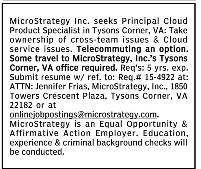 MicroStrategy Inc Job Advertisement Cloud Product Specialist 2024