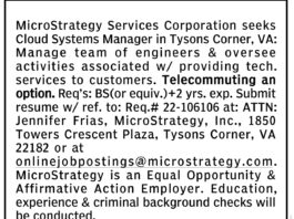 MicroStrategy Services Corporation seeks Cloud Systems Manager in Tysons Corner, VA