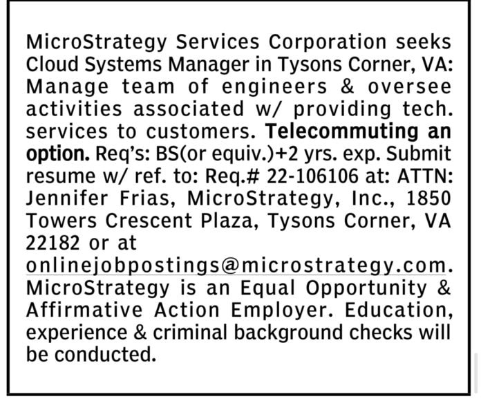MicroStrategy Services Corporation seeks Cloud Systems Manager in Tysons Corner, VA