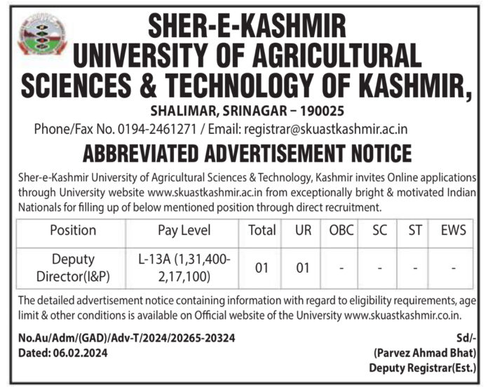 SHER-E-KASHMIR UNIVERSITY OF AGRICULTURAL SCIENCES & TECHNOLOGY OF KASHMIR JOB VACANCIES 2024
