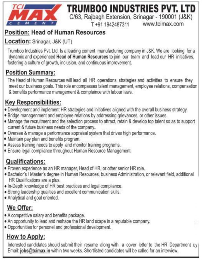 TRUMBOO INDUSTRIES PVT. LTD HR JOB ADVERTISEMENT 2024