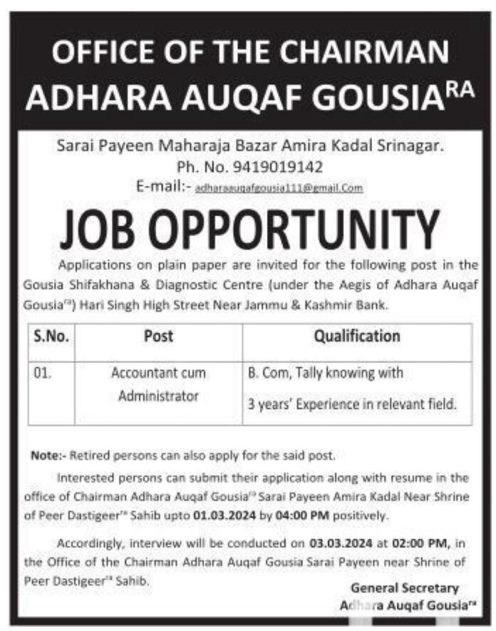 ADHARA AUQAF GOUSIA RA JOB ADVERTISEMENT 2024