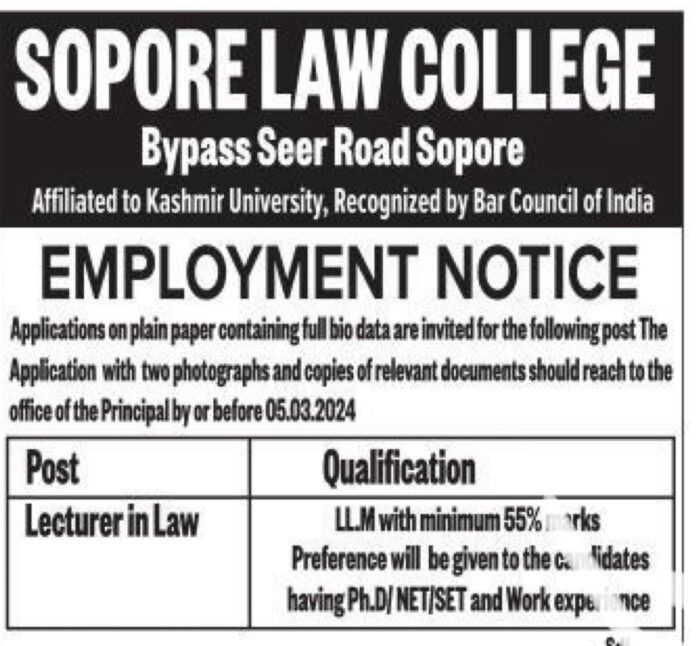 SOPORE LAW COLLEGE EMPLOYMENT NOTICE 2024