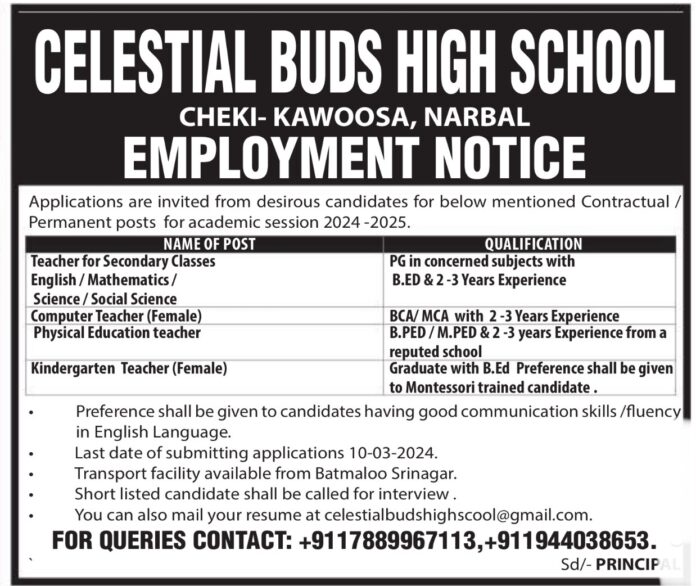 CELESTIAL BUDS HIGH SCHOOL NARBAL EMPLOYMENT NOTICE 2023