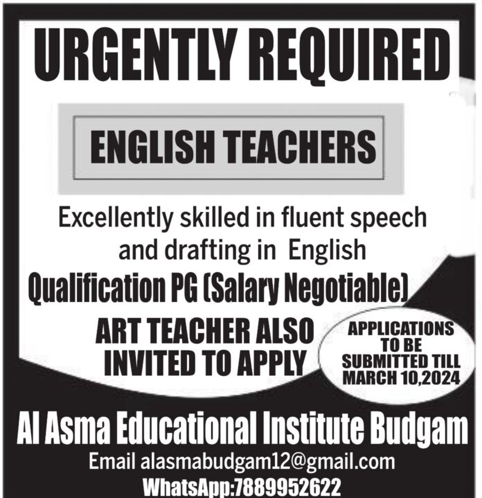 Al Asma Educational Institute Budgam Job Vacancies 2024