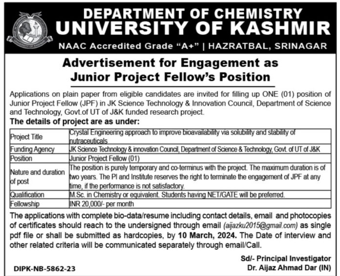 UNIVERSITY OF KASHMIR DEPARTMENT OF CHEMISTRY ENGAGEMENT OF JRF 2024