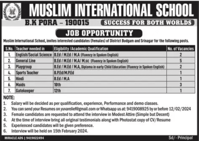 MUSLIM INTERNATIONAL SCHOOL JOB OPPORTUNITY 2024