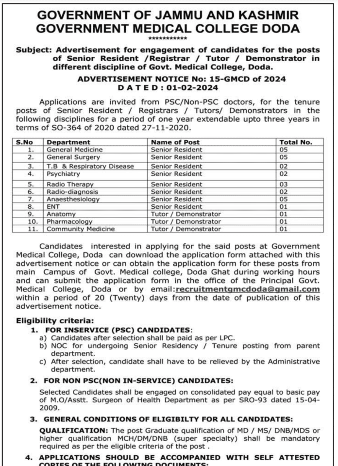 GOVERNMENT MEDICAL COLLEGE DODA ADVERTISEMENT NOTICE No: 15-GMCD of 2024