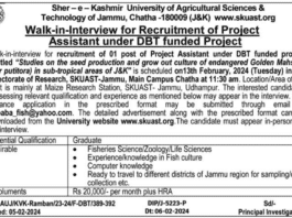 SKUAST JAMMU WALK IN INTERVIEW FOR RECRUITMENT OF PROJECT ASSISTANT UNBER DBT FUND