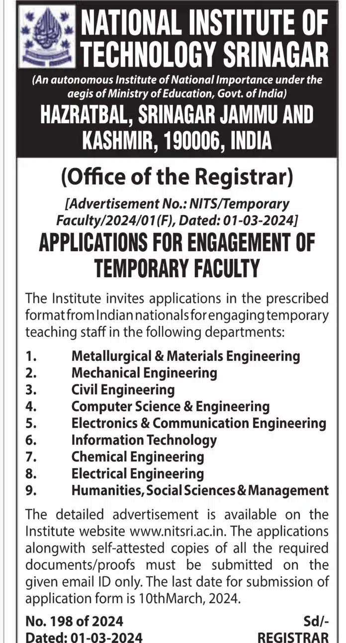 NIT SRINAGAR ENGAGEMENT OF TEMPORARY FACULTY 2024