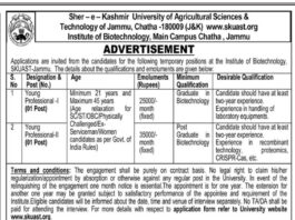 SKUAST JAMMU JOB ADVERTISEMENT FOR INSTITUTE OF BIOTECHNOLOGY 2024