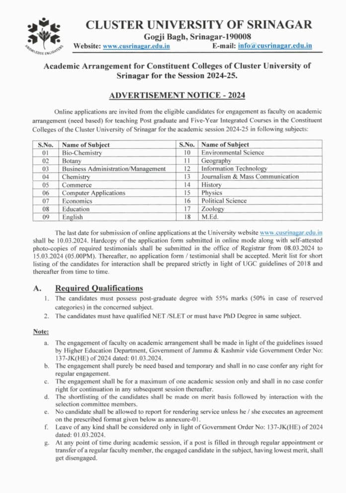 CLUSTER UNIVERSITY OF SRINAGAR ADVERTISEMENT NOTICE - 2024