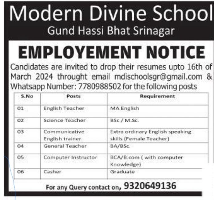 Modern Divine School Srinagar Employment Notice 2024