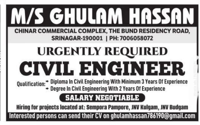 M/S GHULAM HASSAN URGENTLY REQUIRED CIVIL ENGINEER