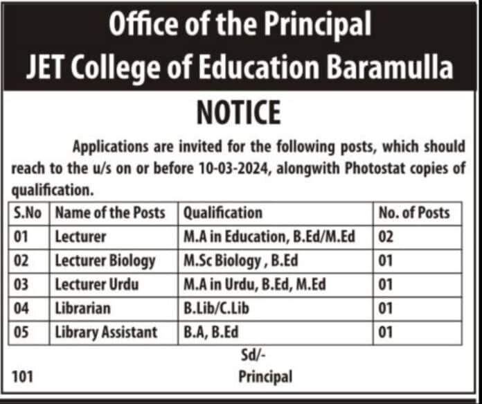 JET College of Education Baramulla Job Advertisement2024