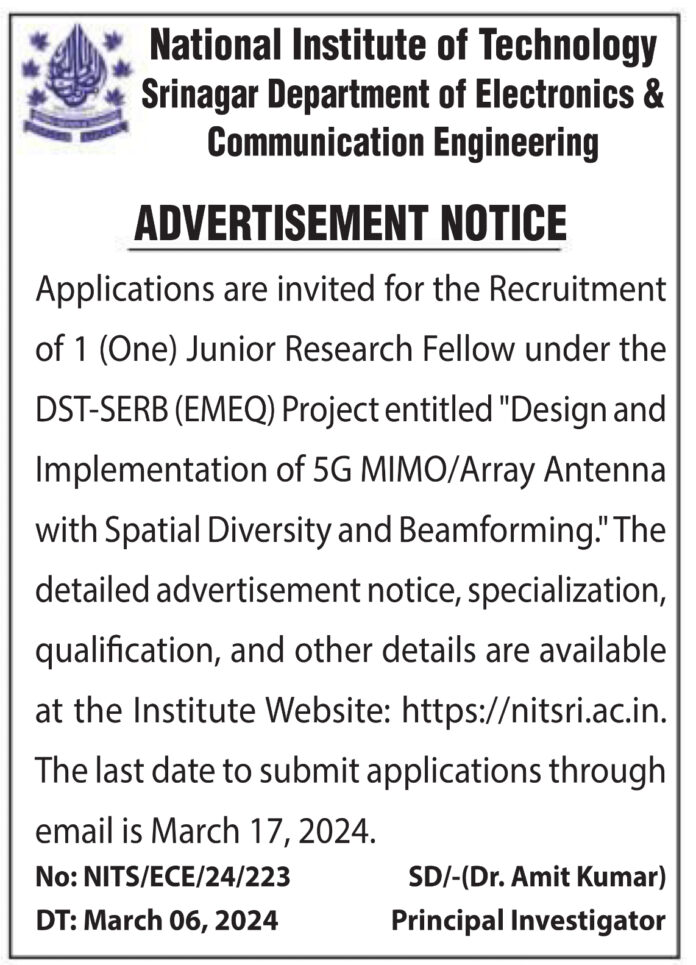National Institute of Technology Srinagar Department of Electronics & Communication Engineering Job Advertisement 2024