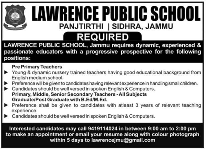 LAWRENCE PUBLIC SCHOOL JAMMU JOB ADVERTISEMENT 2024