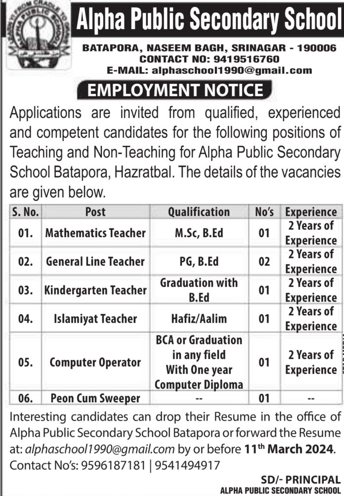 Alpha Public Secondary School Job Vacancies 2024