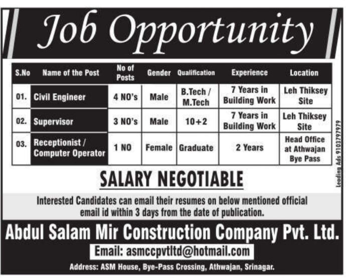 Abdul Salam Mir Construction Company Pvt. Ltd.  Job Opportunities 2024