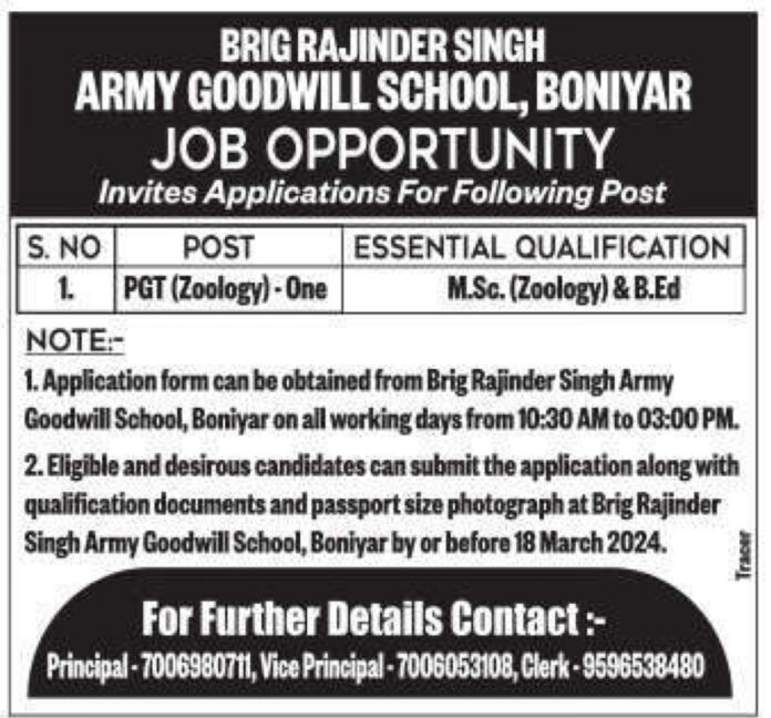 ARMY GOODWILL SCHOOL, BONIYAR JOB OPPORTUNITY 2024