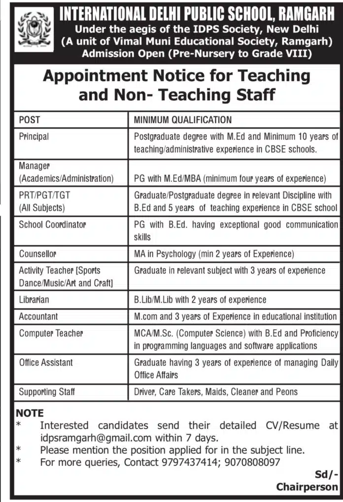 INTERNATIONAL DELHI PUBLIC SCHOOL, RAMGARH JOB OPPORTUNITIES 2024