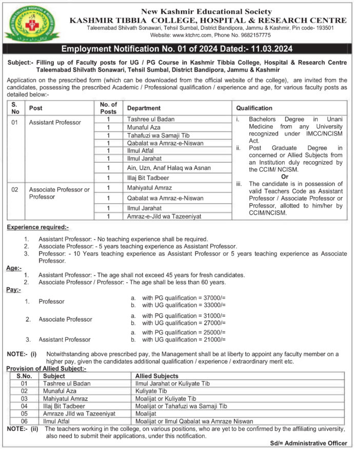 KASHMIR TIBBIA COLLEGE, HOSPITAL & RESEARCH CENTRE JOB NOTIFICATION 2024