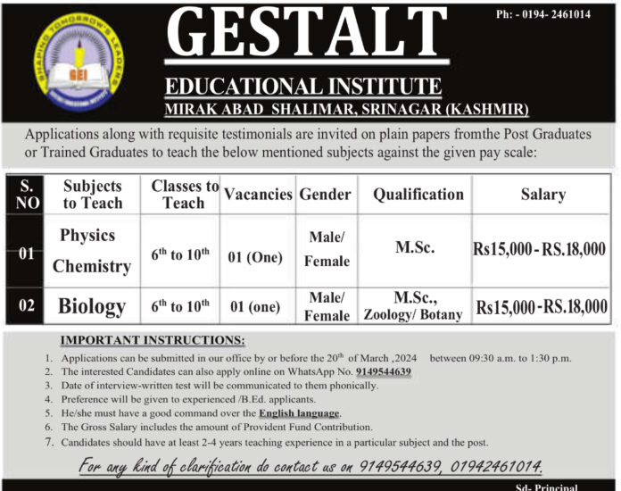 GESTALT EDUCATIONAL INSTITUTE SRINAGAR JOB VACANCIES 2024