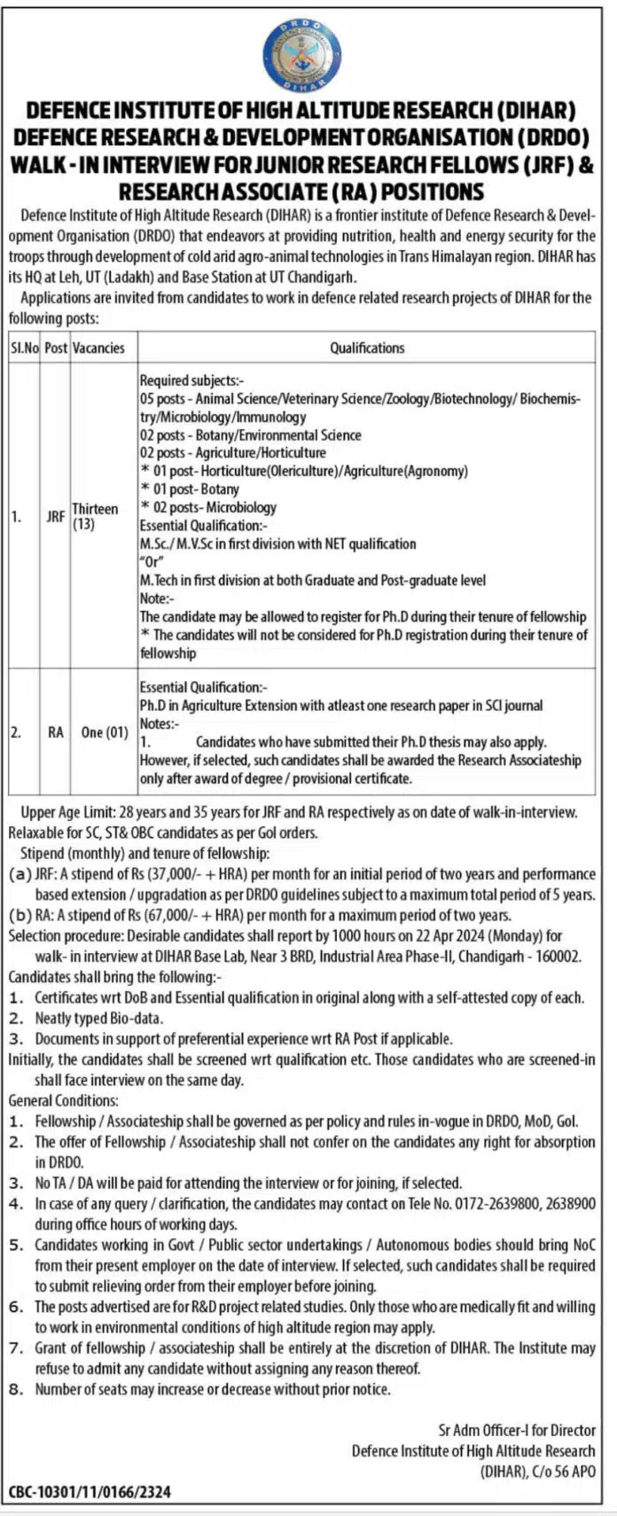 DEFENCE INSTITUTE OF HIGH ALTITUDE RESEARCH (DIHAR) DEFENCE RESEARCH & DEVELOPMENT ORGANISATION (DRDO) WALK-IN INTERVIEW FOR JUNIOR RESEARCH FELLOWS (JRF) & RESEARCH ASSOCIATE (RA) POSITIONS