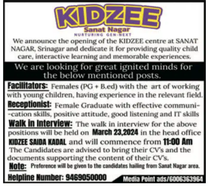 KIDZEE SANAT NAGAR JOB ADVERTISEMENT 2024