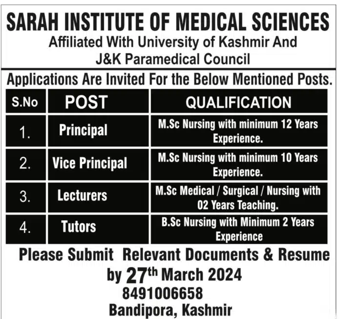 SARAH INSTITUTE OF MEDICAL SCIENCES BANDIPORA JOB VACANCIES 2024