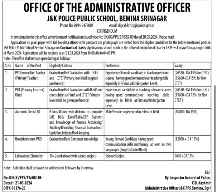 J&K POLICE PUBLIC SCHOOL, BEMINA SRINAGAR JOB ADVERTISEMENT 2024
