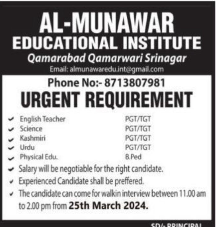 AL-MUNAWAR EDUCATIONAL INSTITUTE JOB ADVERTISEMENT 2024