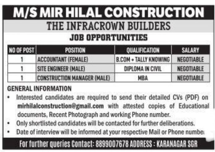 M/S MIR HILAL CONSTRUCTION JOB OPPORTUNITIES 2024