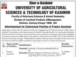 SKUAST KASHMIR Faculty of Veterinary Sciences & Animal Husbandry Job Vacancies 2024