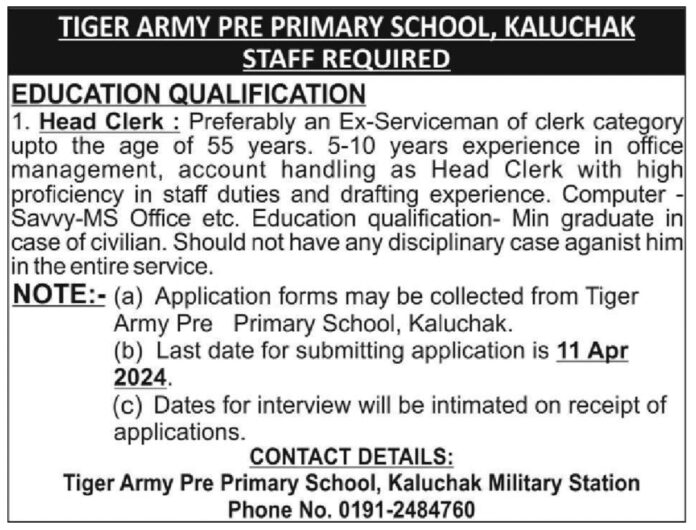 TIGER ARMY PRE PRIMARY SCHOOL, KALUCHAK JOB VACANCIES 2024