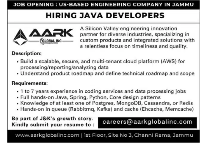 AARK GLOBAL JAMMU HIRING JAVA DEVELOPERS